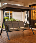 Brenda 3 Seat Outdoor Porch Swing Glider With Adjustable Canopy on a wooden patio, features heavy duty steel frame.