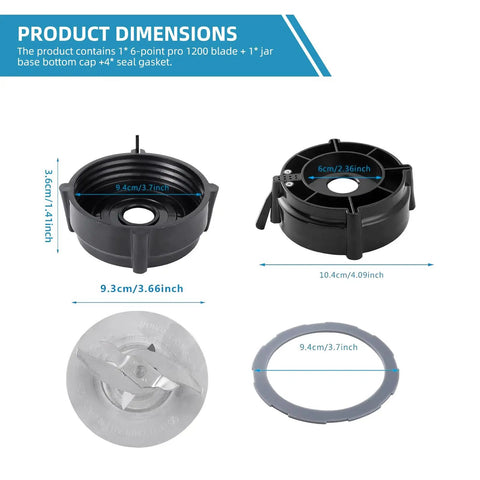 Pro 1200 Blender Replacement Parts Kit With Stainless Steel Cutter Blade Jar Base Cap And Four Silicone Gaskets Complete Workhorse Go To 3 In 1 Set For 1200 Series Blenders, dimensions view
