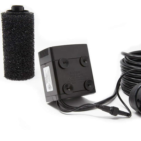 LV450T 458 GPH Submersible LED Light Water Pump Kit components showing pump, foam filter, and cord in black finish