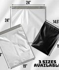 Three poly mailer bags in different sizes: 24x24, 24x19, and Durable Black 14.5x19 Inch Poly Mailers, 100 Pack.