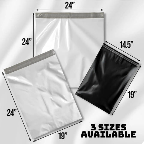 Three poly mailer bags in different sizes: 24x24, 24x19, and Durable Black 14.5x19 Inch Poly Mailers, 100 Pack.