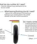 Image showing guidelines on selecting tire size, bearing size, and hub length for Set Of Two Heavy Duty Solid Flat Free Tires For Wheelbarrow And Utility Cart.