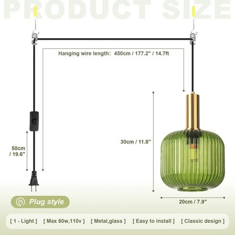 Green Glass Plug In Pendant Light With Retro Chic Mid Century Modern Vibe Brushed Gold Accents 1 Light Lantern Shade Indoor Ceiling Hanging Chandelier For Living Room Bedside Or Over Table