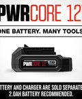 PWRCORE 12V lithium battery with 2Ah capacity, designed for multiple tools, displayed on a neutral background.