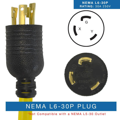 Y Power Splitter Cord 30 Amp 250 Volt 3ft NEMA L6-30P To Dual NEMA L6-30R Outlets AC Power Cable 7500W Capacity 10AWG Copper UL Listed