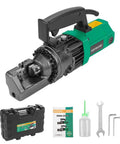 Heavy Duty 5/8 Inch Electric Hydraulic Rebar Cutter Machine with 750W motor, cutting tool, case, and accessories for construction jobs.