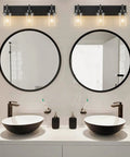 Matte Black 3 Light Vanity Wall Sconce With Clear Glass Shades for Bathroom showcasing farmhouse style above double sinks