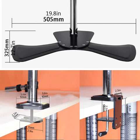 Triple Monitor Arm Desk Mount Holds 15 To 27 Inch Screens Rock Solid Aluminum Build showing base and clamp dimensions.