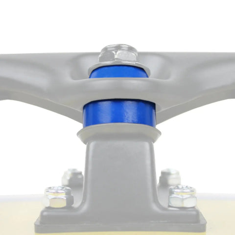 Premium American Longboard And Skateboard Truck Replacement Bushings 4 Pack Soft 88a Blue Cushions mounted on a skateboard truck.