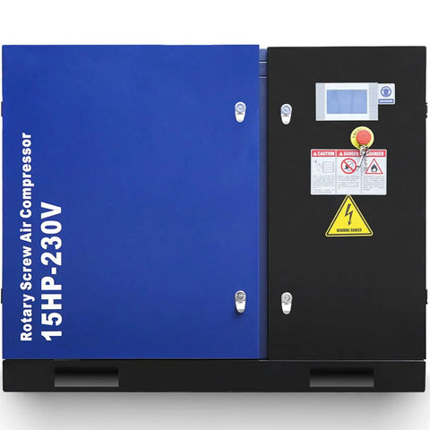 Ateupom 15HP Rotary Screw Air Compressor delivers a solid 56 CFM At 125 PSI With 230V 3 Phase Power. This Heavy Duty Unit Boasts Low Noise At Just 62 dB And Continuous Duty Operation For Industrial Workshops And Factories. Steel Construction Ensures