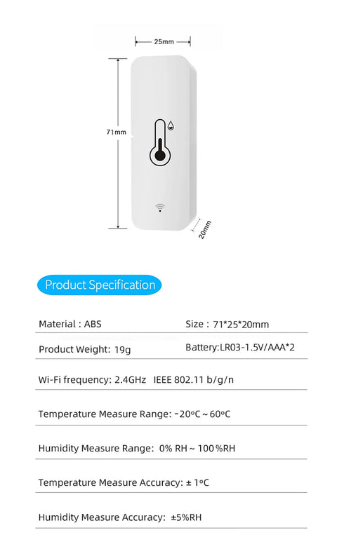 4 Pack WiFi Temperature Humidity Sensor For Home And Greenhouse With App Alerts No Hub Needed Remote Monitoring, dimensions