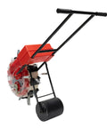 Easy To Use Manual Seed Planter With Hand Push Roller Seeder showing side view of red unit and black roller.