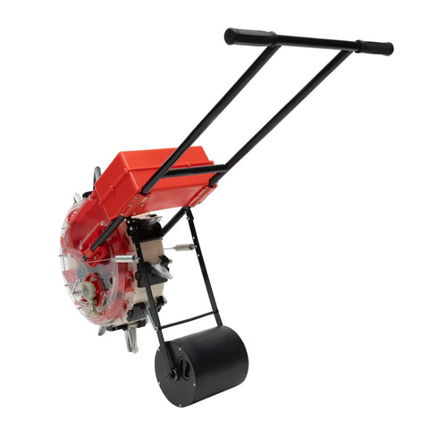 Easy To Use Manual Seed Planter With Hand Push Roller Seeder showing side view of red unit and black roller.