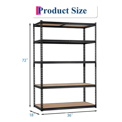 Beefy Five Tier Heavy Duty Garage Storage Shelves With Adjustable Metal Frame And Thick MDF Panels, 2000 Lb Total Capacity, 36 x 18 x 72 in