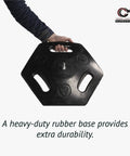 Person holding rubber base of Outdoor Safety Stanchions Set Of 2 With Rubber Base And 11 Foot Yellow Black Diagonal Belt