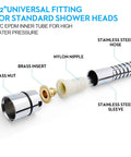 Exploded view of Extra Long 79 Inch Stainless Steel Shower Hose With Brass Insert And Nut, Chrome Finish Flexible Handheld Shower Head.