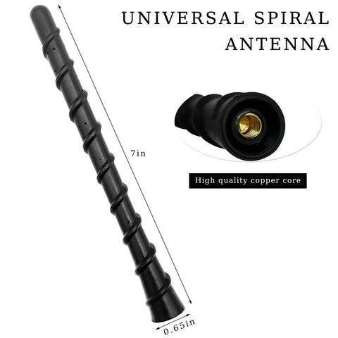 7 Inch Waterproof Spiral Car Antenna With Threaded Adapters Flexible Universal Mast Replacement, 7in, copper core, angled view.