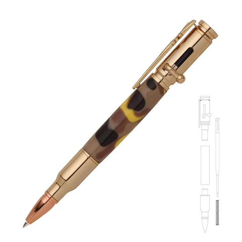 Three Piece Bolt Action Bullet Cartridge Ballpoint Pen Woodturning Kit Starter Package With gold barrel and camouflage design.