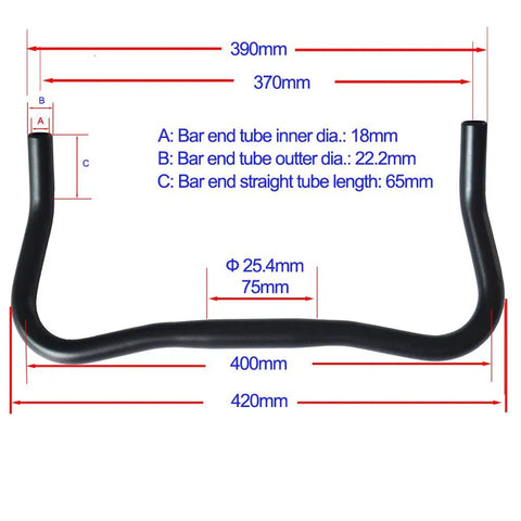 Technical diagram of Bullhorn Handlebar For Road And Fixed Gear Bikes Aluminum 6061 Alloy 25.4mm Clamp 37cm Width