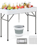 Portable Folding Ice Cooler Table With Drain And Satin Skirt Matching Foldable Bucket Bev Station For Parties Picnics And Camping Four Foot Party Ready Ice Table with drinks and fruits on ice