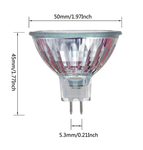 MR16 12V 20W Halogen Light Bulbs 6 Pack, High Lumens, Bi Pin GU5.3 Base, Glass Front Cover, halogen bulb dimensions