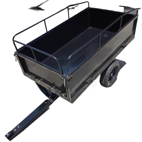 Heavy Duty Dump Trailer With Anti Skid Wheels And Big Capacity Hauler For Farm And Utility Jobs Built On A Beefy Steel Frame For Tough Loads Deep Tread Traction And Rugged Yard Cleanup.