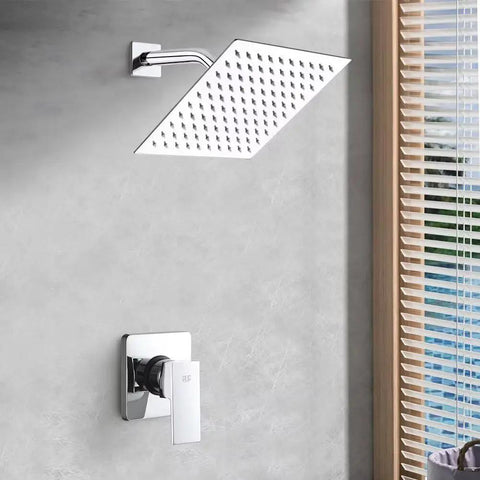 Shower Trim Kit With Rough-In Valve And Square Stainless Steel Rain Showerhead Polished Chrome No Fuss Install System