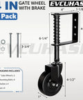Top Shelf 4 Inch Spring Loaded Gate Caster Wheel With Side Brake And 360 Degree Swivel For Outdoor Wooden Fence Gates Heavy Duty Rig Built Like A Tank To Roll Smooth Over Bumps Black Pair, showing dimensions and components.