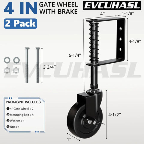 Top Shelf 4 Inch Spring Loaded Gate Caster Wheel With Side Brake And 360 Degree Swivel For Outdoor Wooden Fence Gates Heavy Duty Rig Built Like A Tank To Roll Smooth Over Bumps Black Pair, showing dimensions and components.