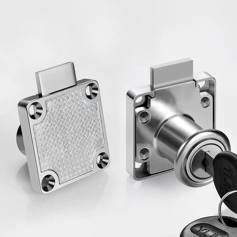 Go-To Silver Cabinet Drawer Lock With 19Mm Hole Fits 17Mm-22Mm Door Panels Zinc Material, front and side view, includes 4 keys