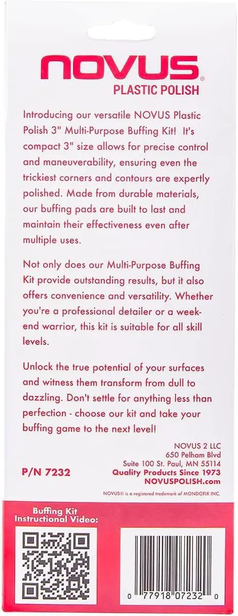 Packaging of Multi-Purpose Buffing Kit Featuring 100 Percent Wool Buffing Pad Soft Foam Pad 3 Inch Backing Pad For Drill And Microfiber Cloth For Boats Plastics Acrylics Furniture Appliances And Vehicles.