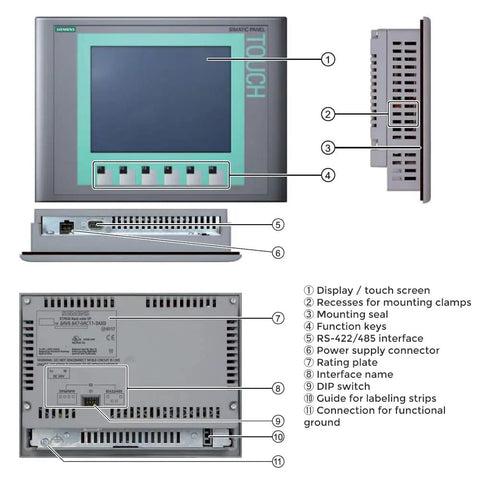 KTP400 HMI Touch Panel For Industrial Automation And Control Systems, High Resolution Wide Screen Color Display shown with ports and labels