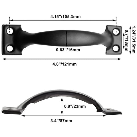 Rustic Gate Handle Set 2 Pack Iron Hardware Pull With Screws Black Finish, 4.8 Inches Total Length, Dimensions Labeled