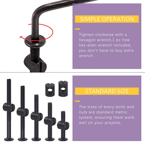 120 Piece Crib Hardware Screws Set shown with M6 hex socket head cap screws, barrel nuts, and Allen wrench for furniture assembly.