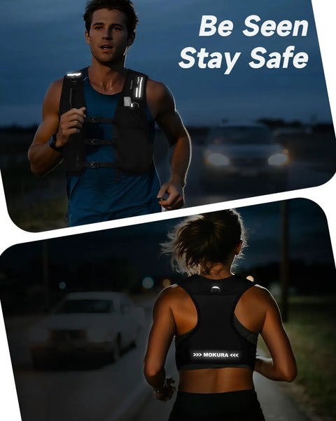 Runners wearing Ultra Lightweight Hydration Vest For Running With 500ml Soft Flask, Phone Holder, Reflective Straps at night.