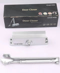 Silent Glide Hydraulic Door Closer Delivers Featherlight Soft Close Every Time with silver metal body and included mounting arm.