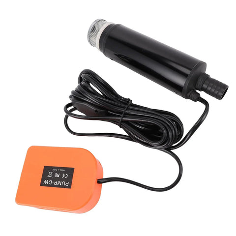 Battery Powered Cordless Submersible Sump Pump Knocks Out Basement Flooding Quick With Smooth Five Hundred GPH Drainage And Legit Sixteen Foot Lift, featuring black pump head and orange base.