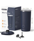 Dark blue 4 In 1 Milk Frother And Steamer For Latte And Cappuccino At Home, with box, foam attachments, and control base.