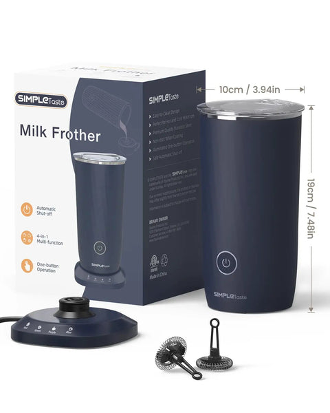 Dark blue 4 In 1 Milk Frother And Steamer For Latte And Cappuccino At Home, with box, foam attachments, and control base.