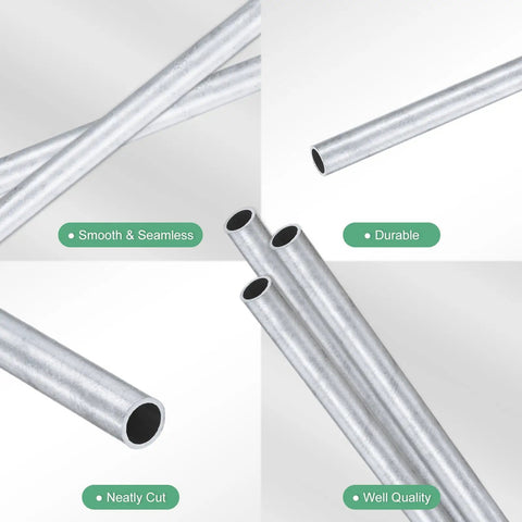 Three Pack 300mm 6063 Aluminum Round Tube Seamless Pipe 4mm ID 5mm OD for construction and DIY machining shown in various views.