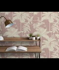 Kicked Up Your Walls With This Dope Tropical Exotic Vinyl Wallpaper Featuring A Solid Leather Texture And Heavy Duty Commercial Grade Durability Custom Printed Just For You, showing leafy design on pink background.