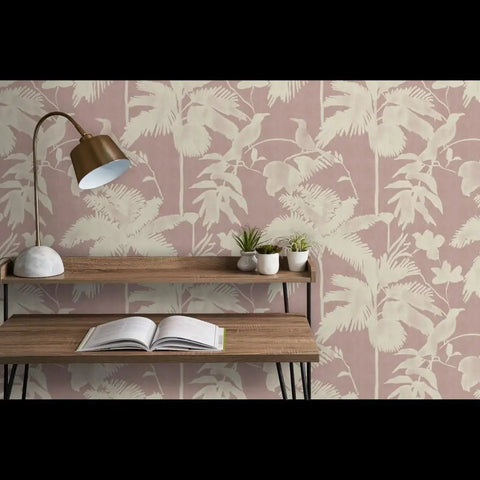 Kicked Up Your Walls With This Dope Tropical Exotic Vinyl Wallpaper Featuring A Solid Leather Texture And Heavy Duty Commercial Grade Durability Custom Printed Just For You, showing leafy design on pink background.