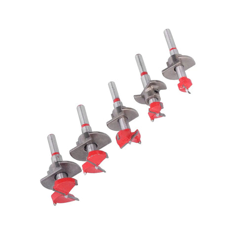 Top Shelf Forstner Drill Bit Kit For Precision Woodworking And Furniture Crafting features five alloy hole cutters sized 15 to 35mm.