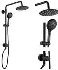 Matte Black Retrofit Shower System With 8 Inch ABS Rain Shower Head And 5 Function Handheld Shower, Brass Hose, Slide Bar
