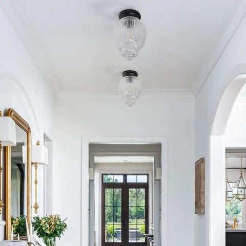 Vintage Semi Flush Mount Ceiling Light In Matte Black With Clear Glass Globe, Rustic Farmhouse Style Hallway Fixture For Porch, Corridor, Bedroom Or Living Area, Modern Yet Classic Globe Ceiling Light