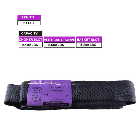 6 Ft Round Sling 4 Pack Polyester Lifting Straps Set, 2600 Lb Vertical Capacity Each, 5200 Lb Basket Capacity label details