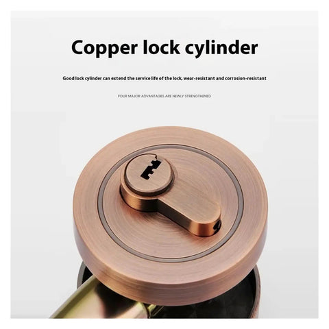 Kickproof Heavy Duty Deadbolt Door Lock With Smooth Brass Cylinder And Salt Spray Tested Zinc Alloy Body Built Like A Tank For Ultimate Front Door Security Upgrade, close-up of copper lock cylinder.