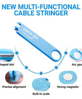 Blue multi-functional cable stringer with V-shaped slot, arc gauge, built-in scale, and strong magnetic feature