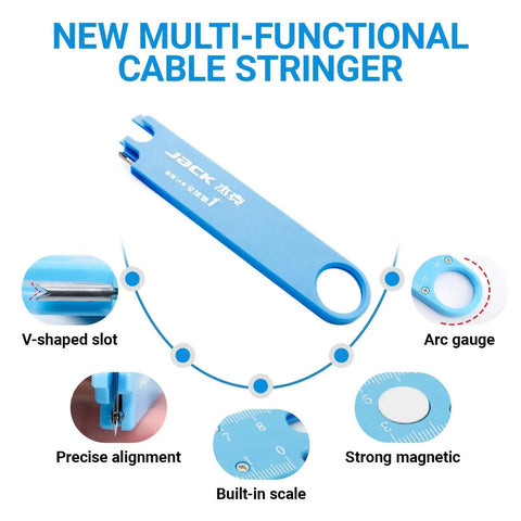 Blue multi-functional cable stringer with V-shaped slot, arc gauge, built-in scale, and strong magnetic feature