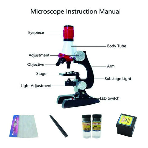 Kids Microscope Kit For Beginners With LED Light 100X 400X And 1200X Magnification Kid Friendly Educational Toy and accessories